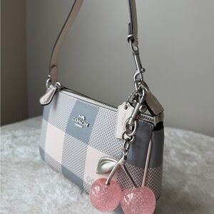 Coach Nolita 19 bag purse in buffalo plaid chalk / gray with pink cherry charm